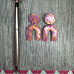 Polymer Clay Arched Purple and Orange Swirl Earrings